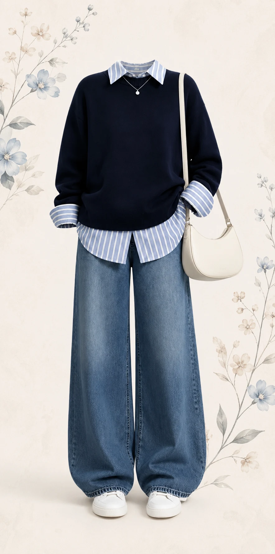 Navy oversized sweater layered over striped top with jeans
