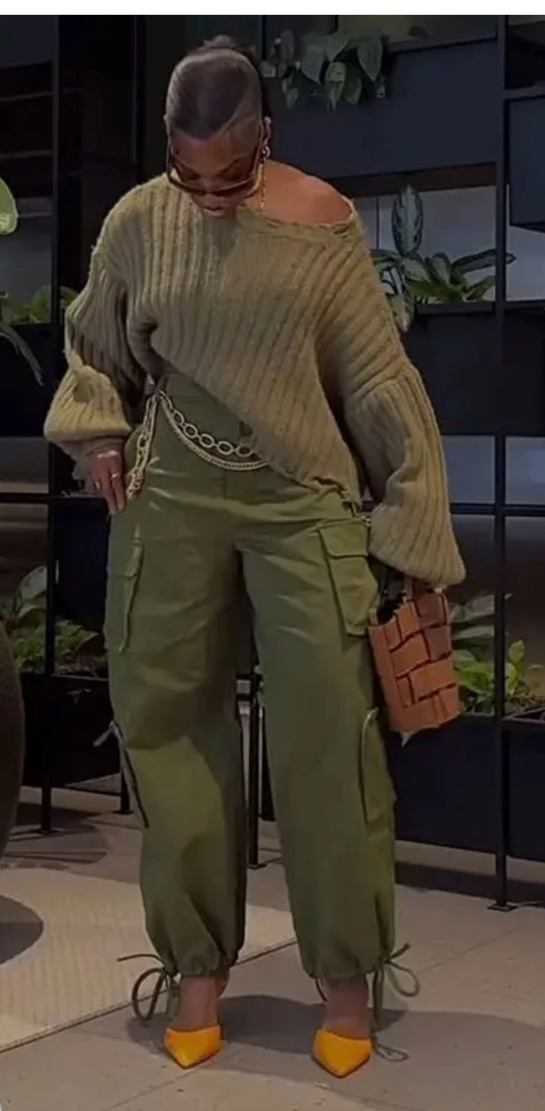 Olive oversized sweater with cargo pants