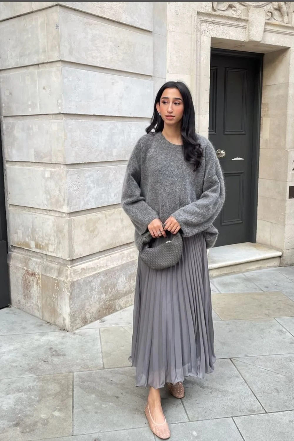 Charcoal oversized sweater with pleated midi skirt