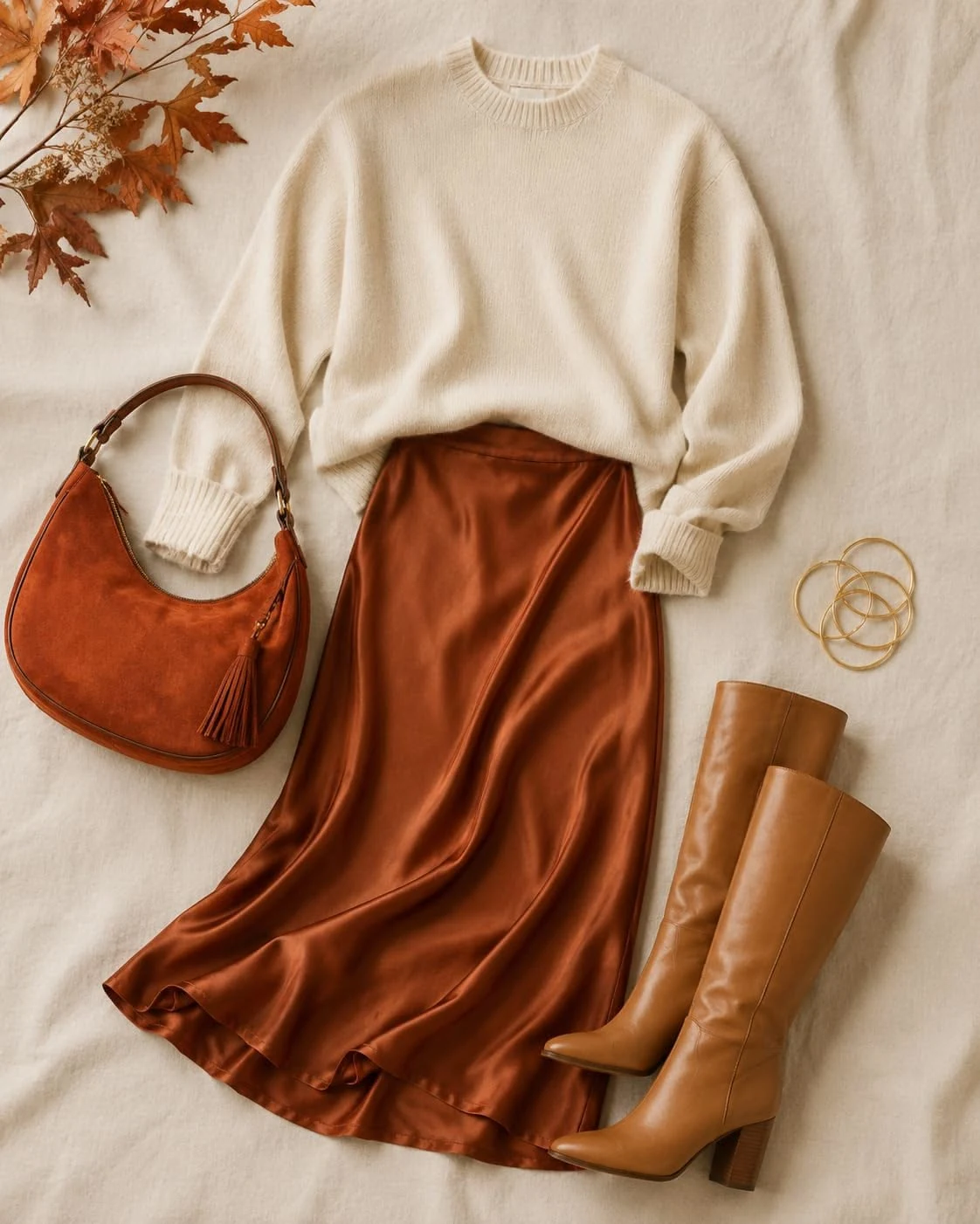Terracotta oversized sweater with cream skirt