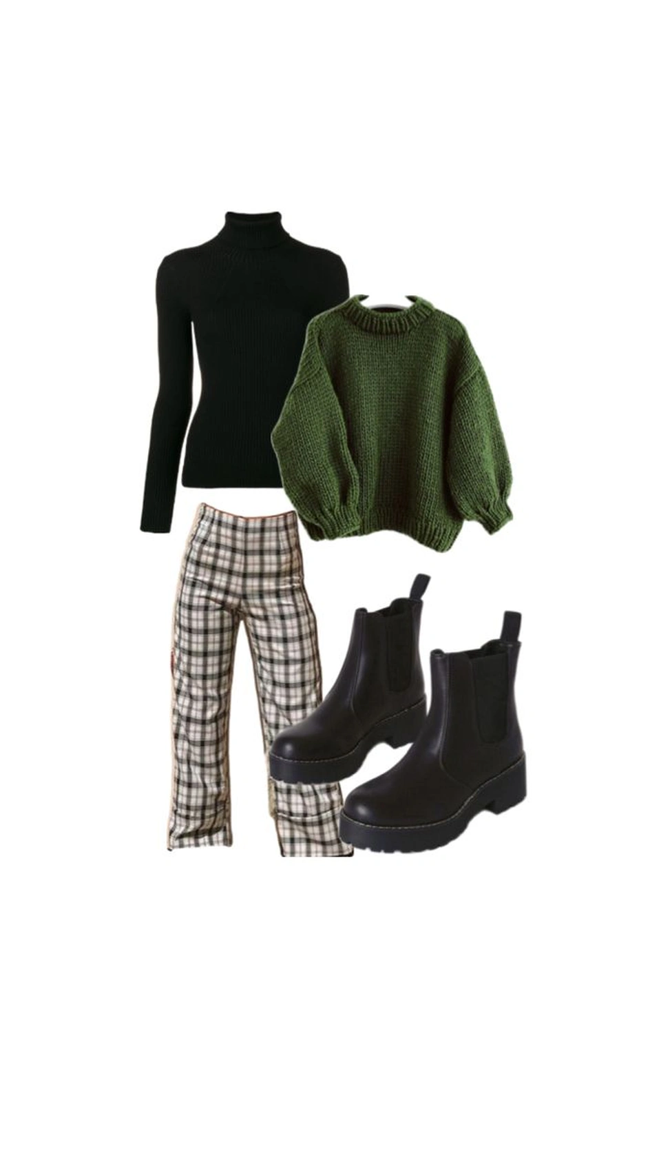 Forest green oversized sweater with plaid pants