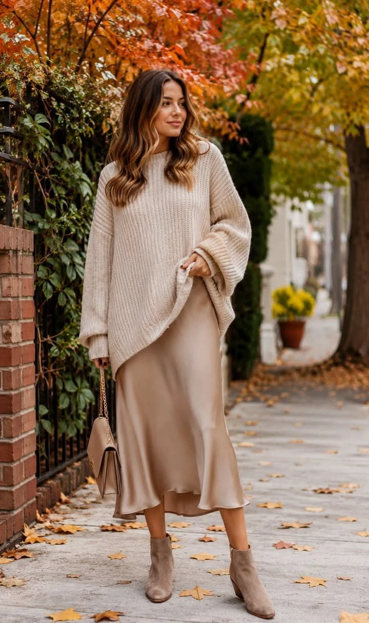 Taupe oversized sweater layered over slip dress