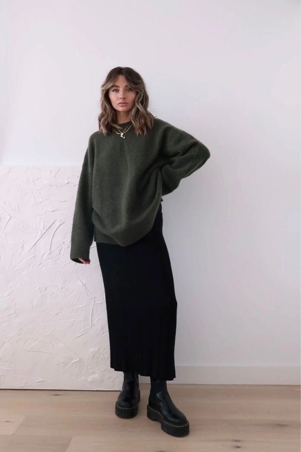 Oversized mock neck sweater with maxi skirt