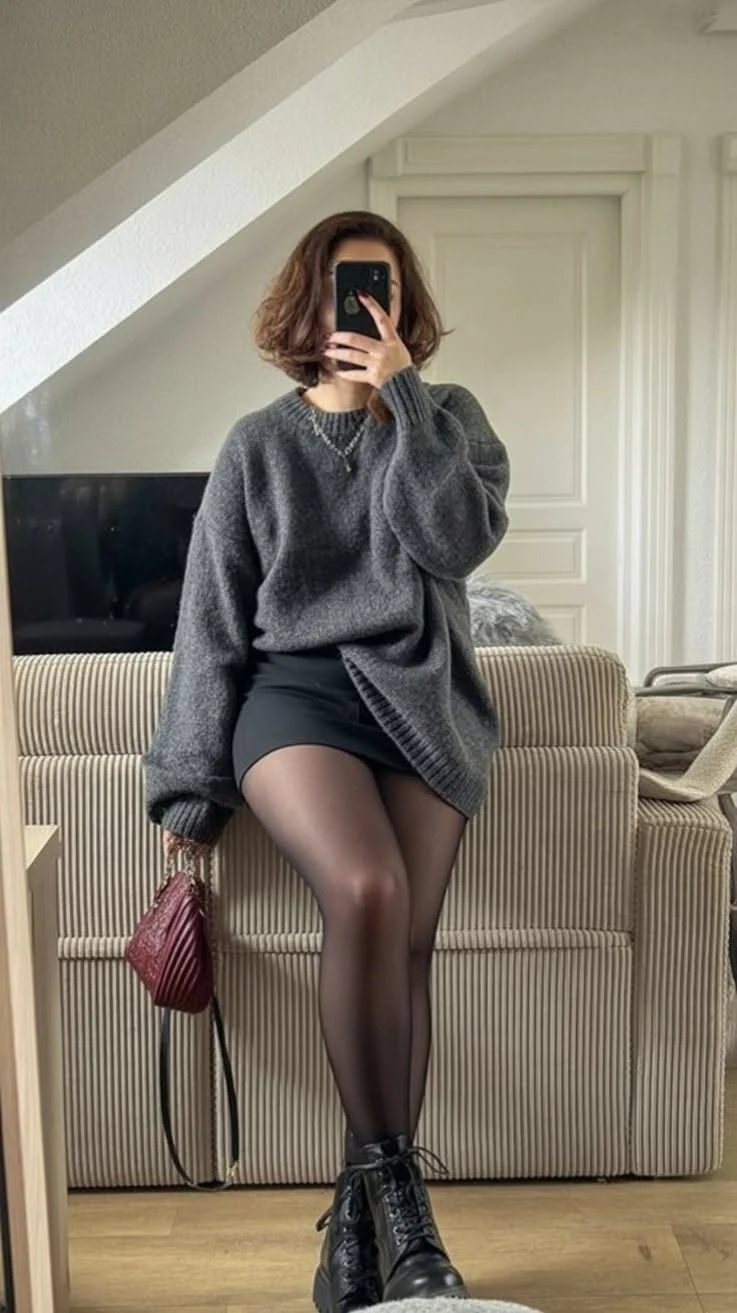 Oversized balloon sleeve sweater with mini skirt and boots