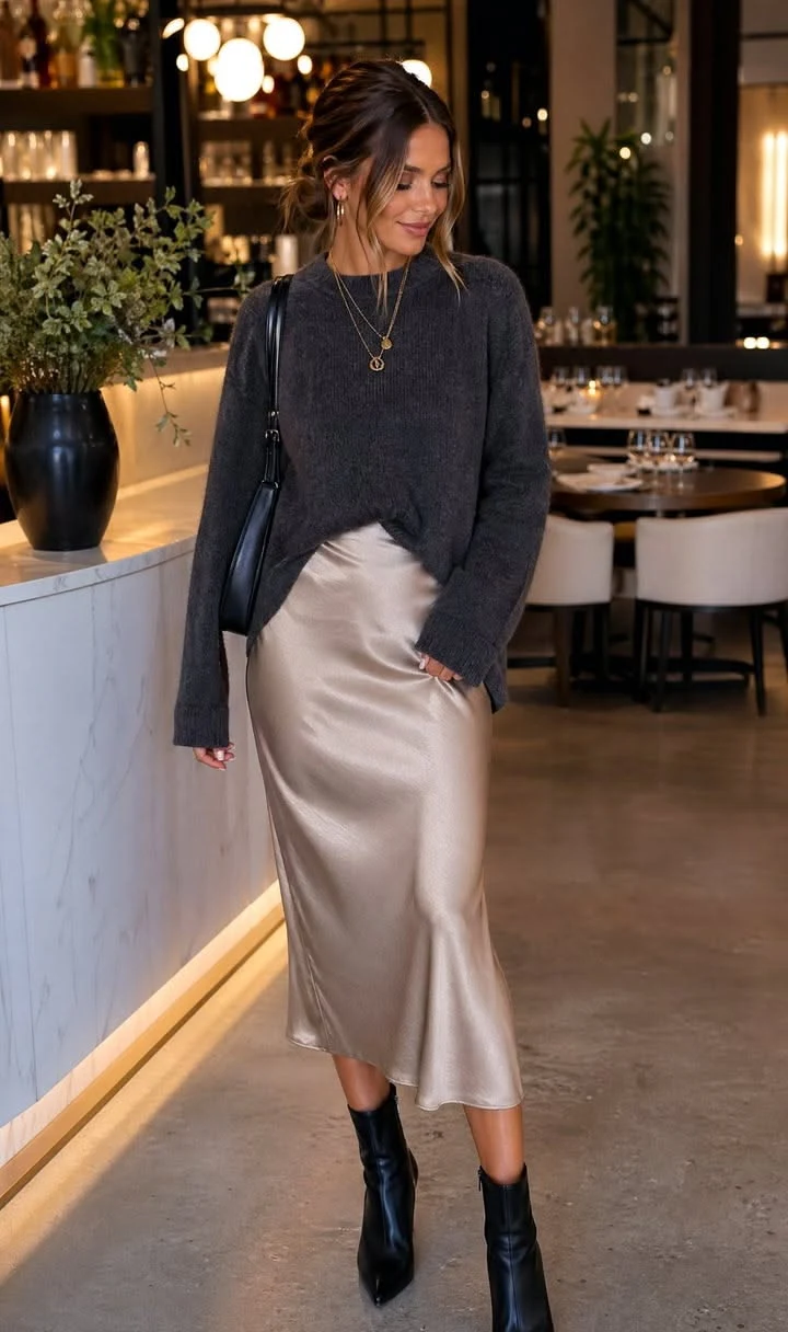 Oversized sweater with satin skirt for date night