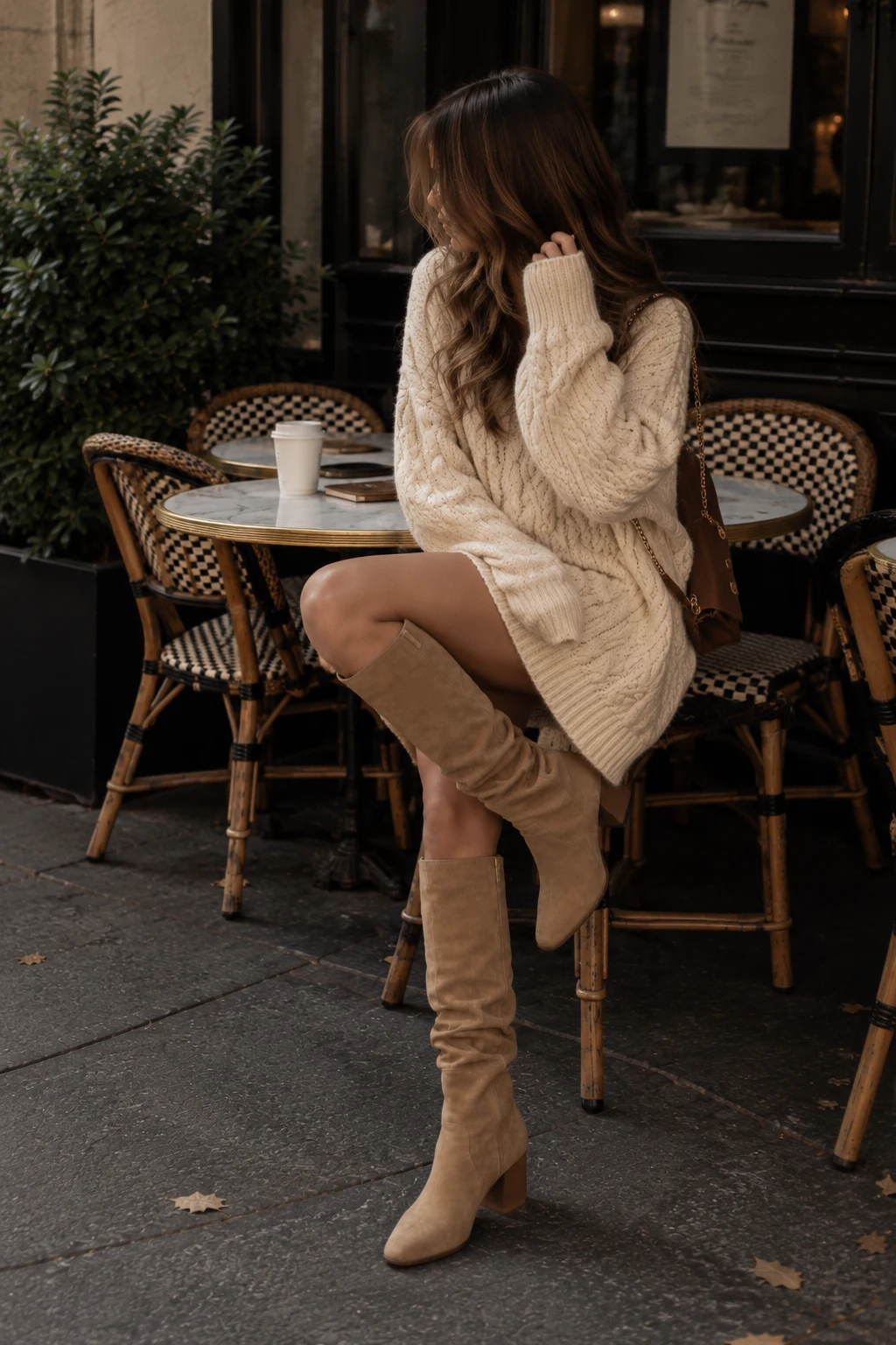 cream knit sweater dress, tan knee-high boots
