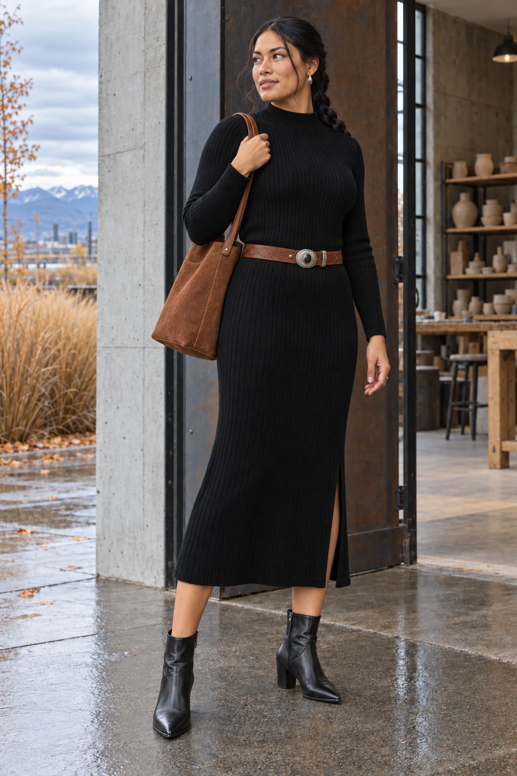 black knit midi dress, black heeled ankle boots
