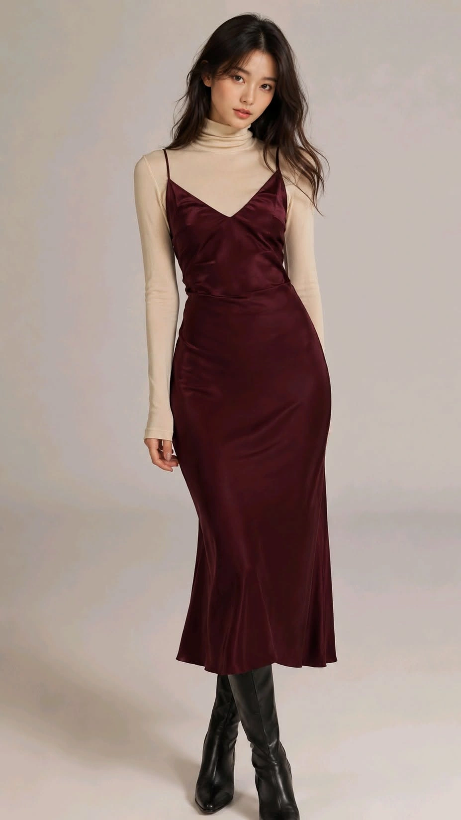 satin slip midi dress, knee-high boots