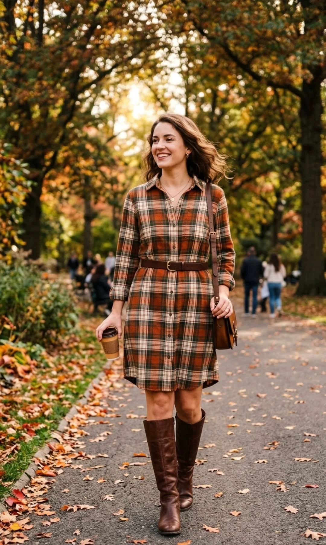 plaid shirtdress, tall riding boots