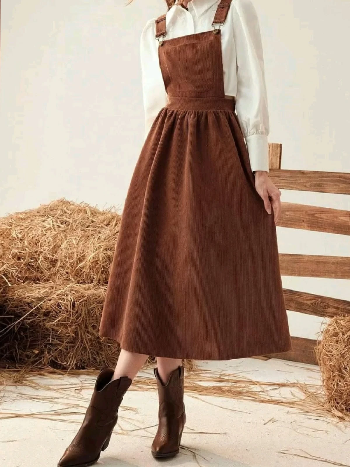 corduroy pinafore dress, ankle boots