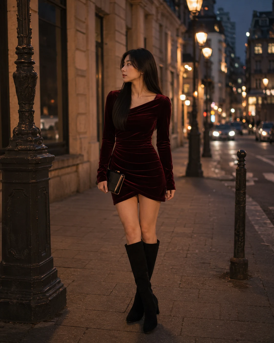 velvet mini dress, over-the-knee boots