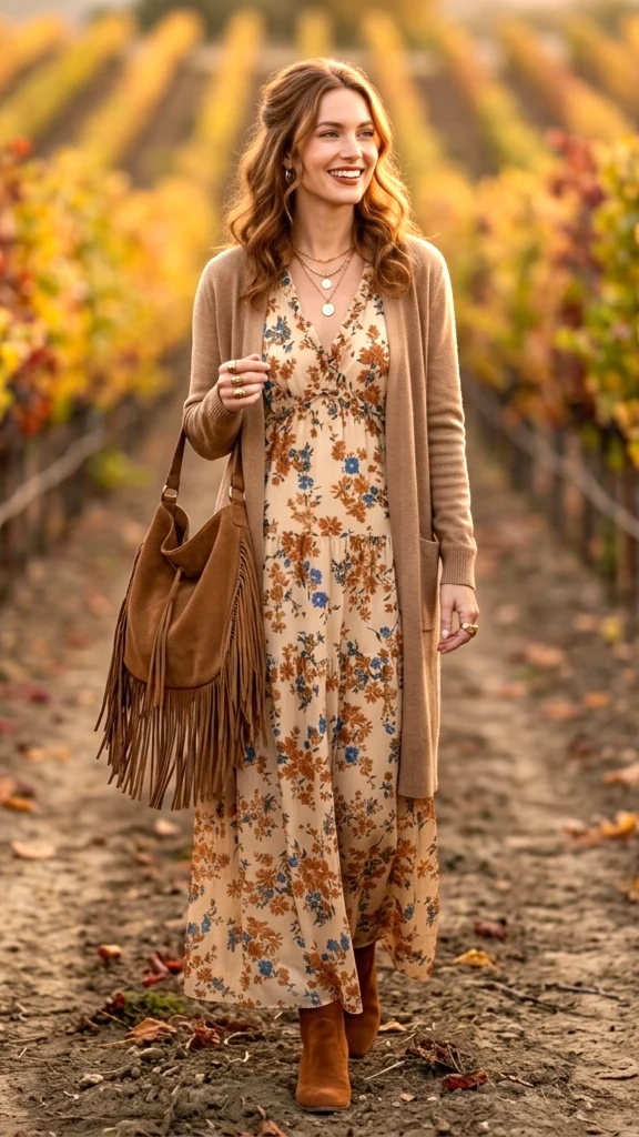 boho floral maxi dress, suede ankle boots