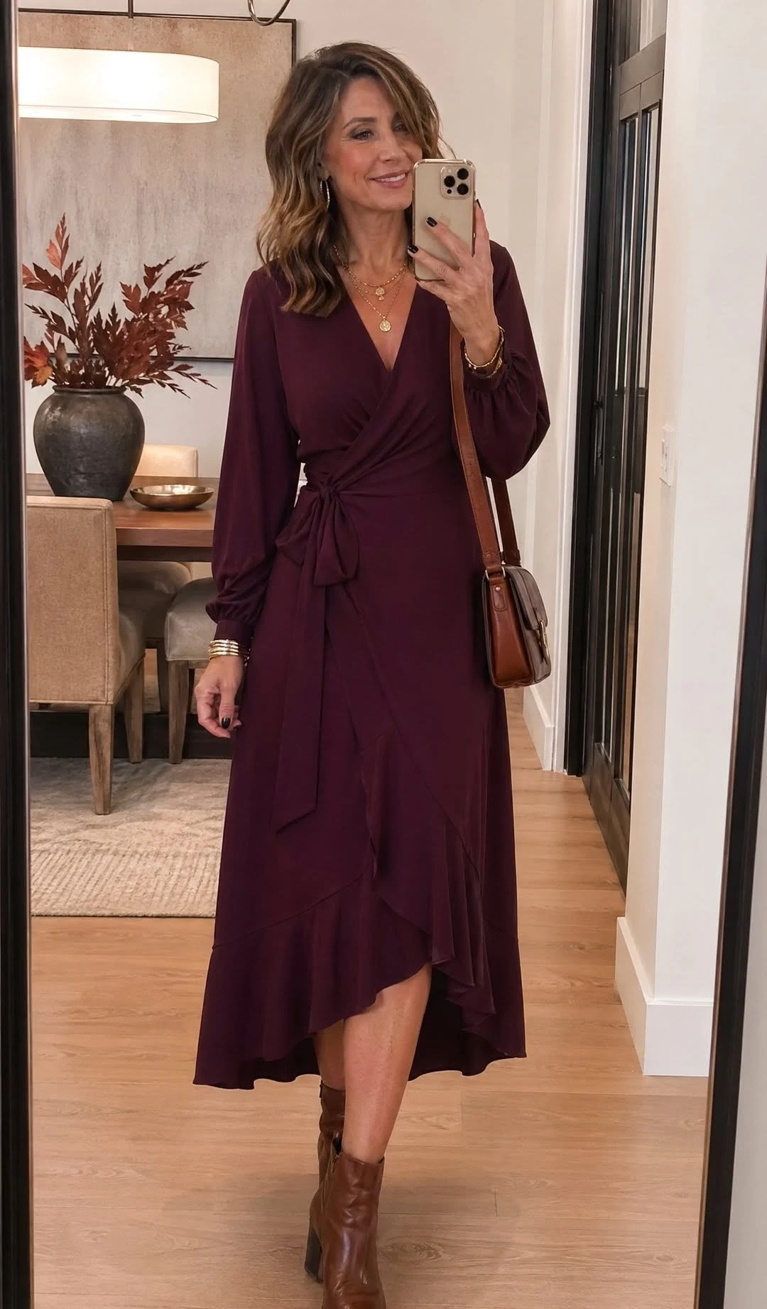 wrap midi dress, heeled ankle boots