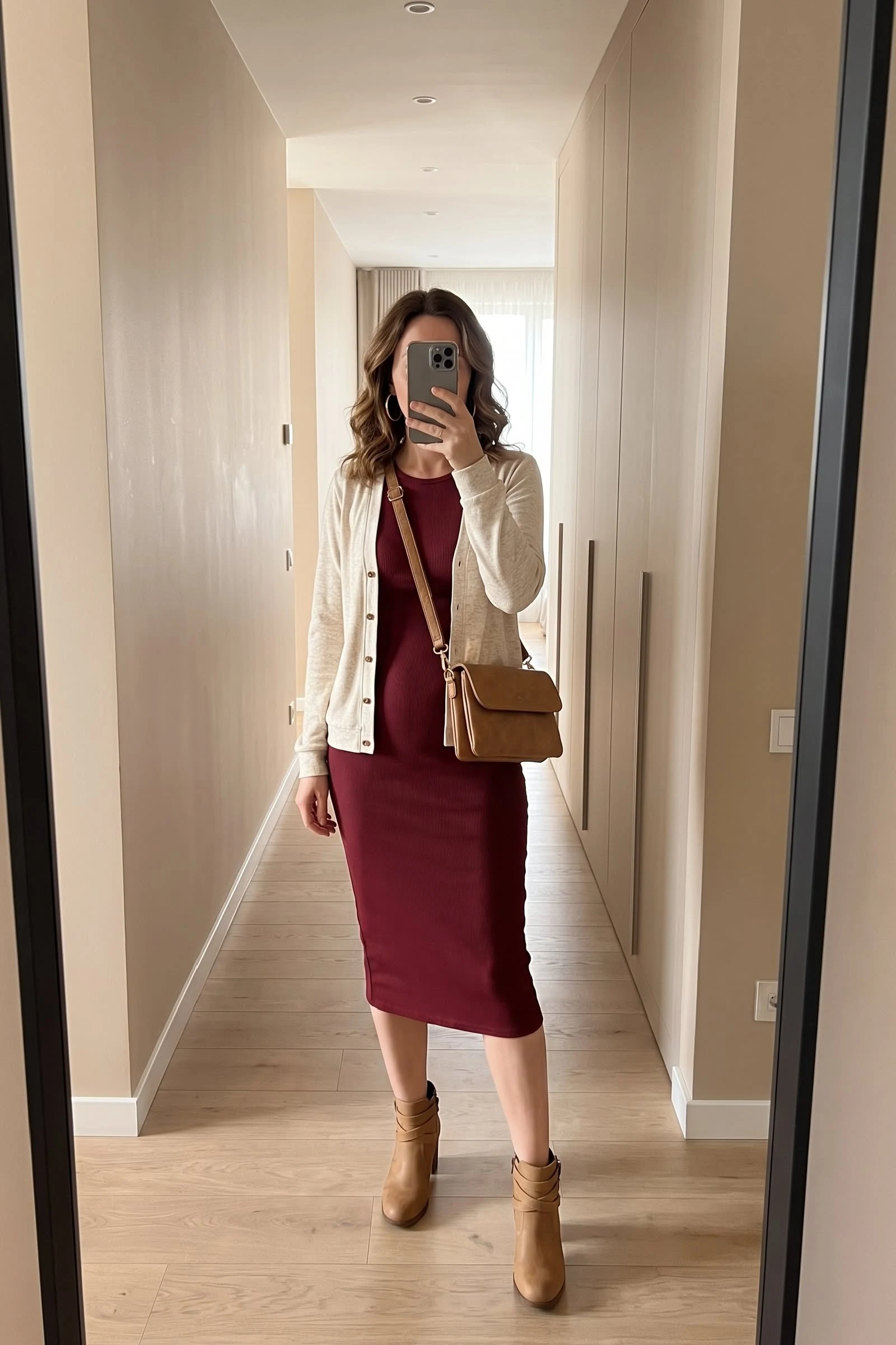 burgundy midi dress, tan ankle boots