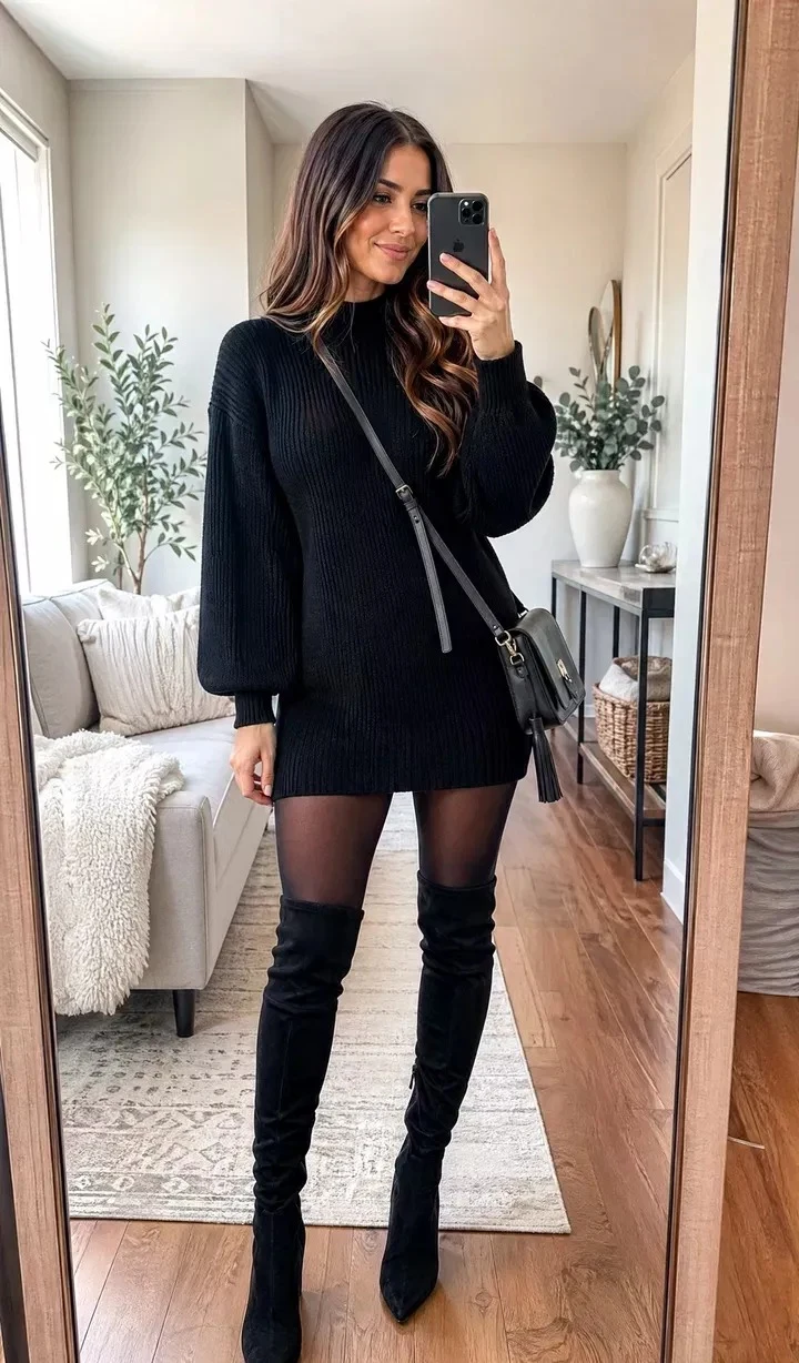 black sweater dress, over-the-knee boots