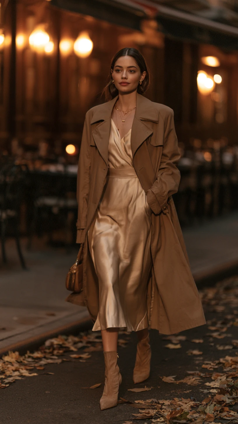 slip dress with trench coat, ankle boots