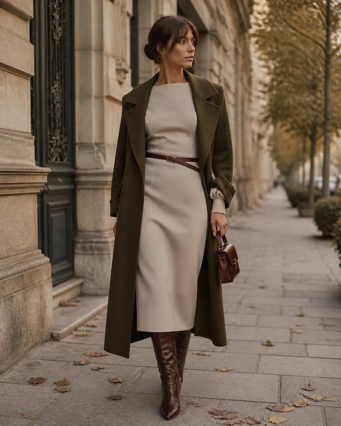 olive shirt dress, brown knee-high boots