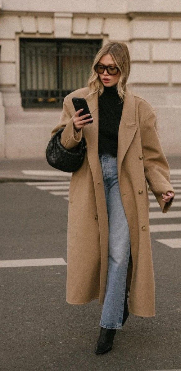 Camel Coat, Straight Jeans, and Easy Confidence fall outfit for women in their 20s