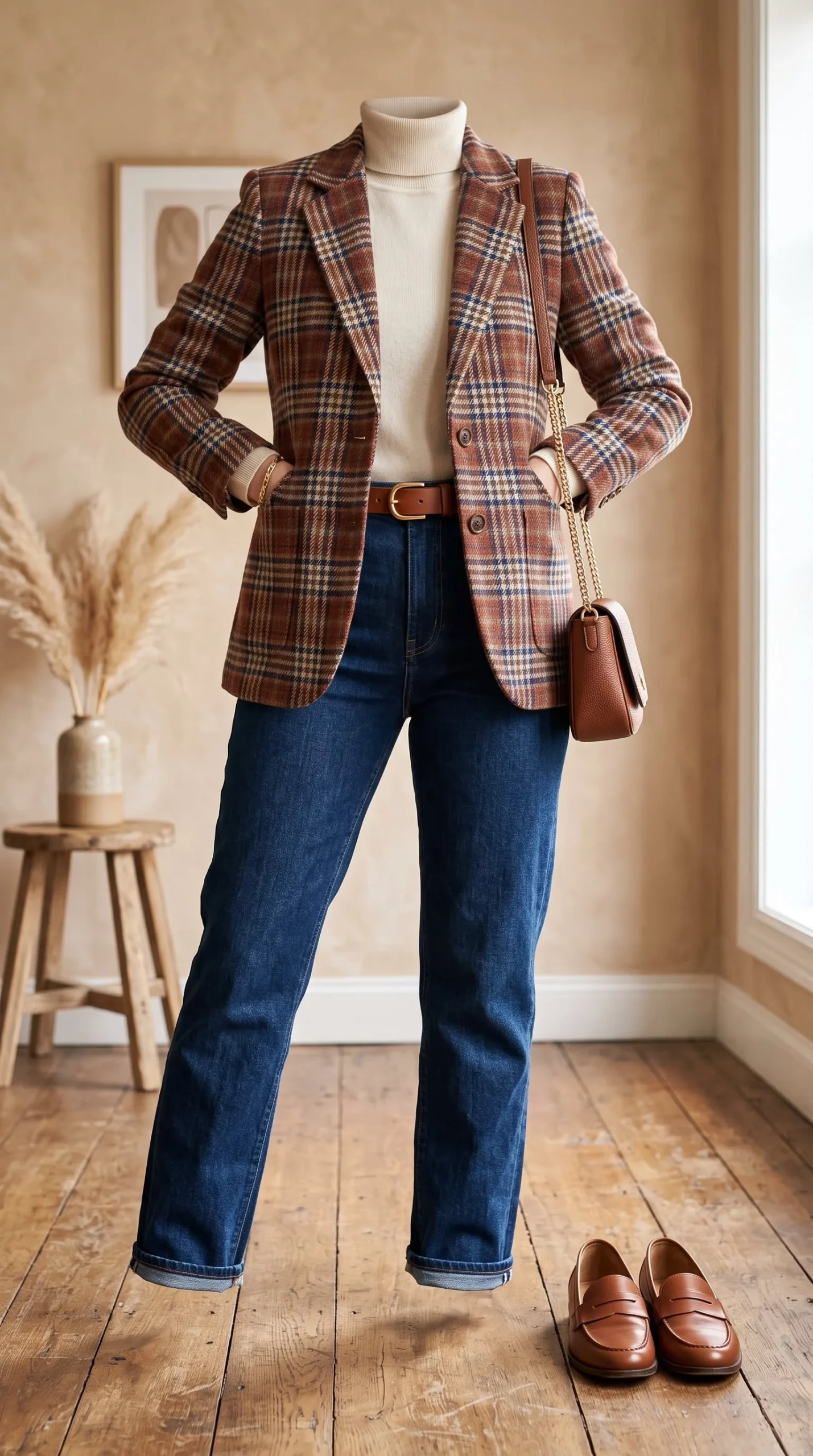 Plaid Blazer Over Simple Denim fall outfit for women in their 20s