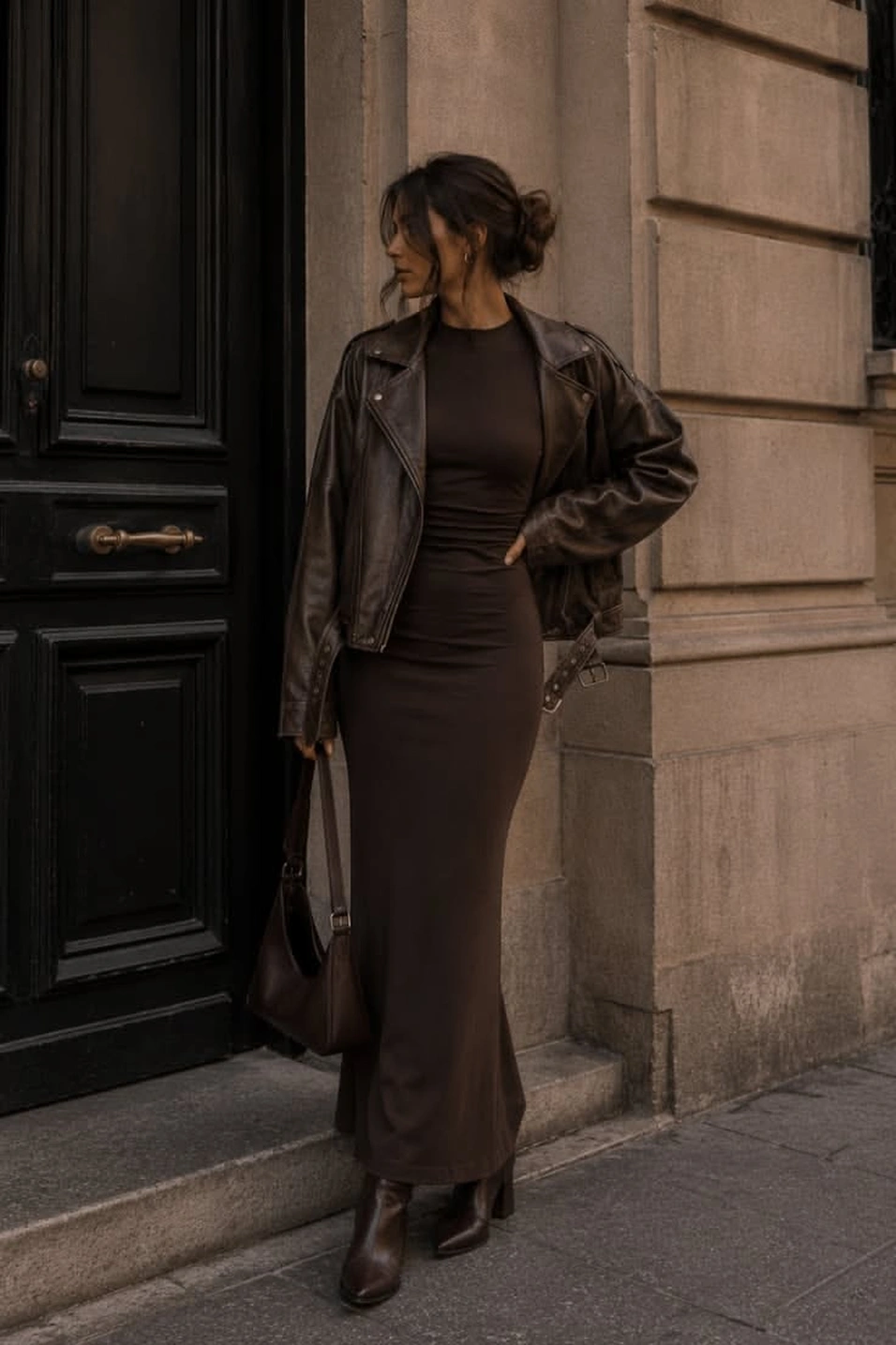 Leather Jacket Over a Flowy Midi Dress fall outfit for women in their 20s