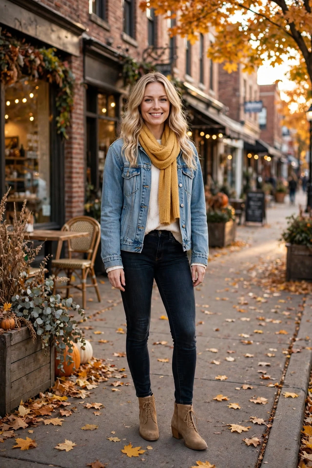 Denim Jacket Layered With a Cozy Scarf fall outfit for women in their 20s