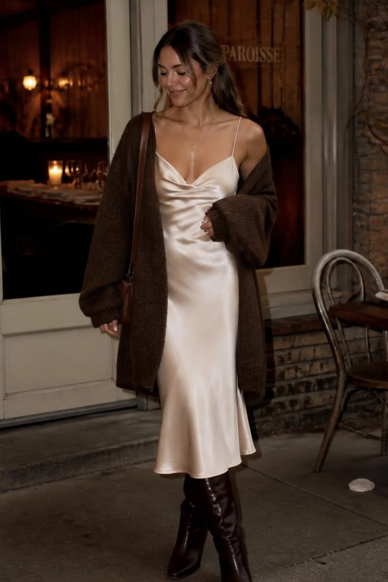 Satin Slip Dress With a Soft Cardigan fall outfit for women in their 20s