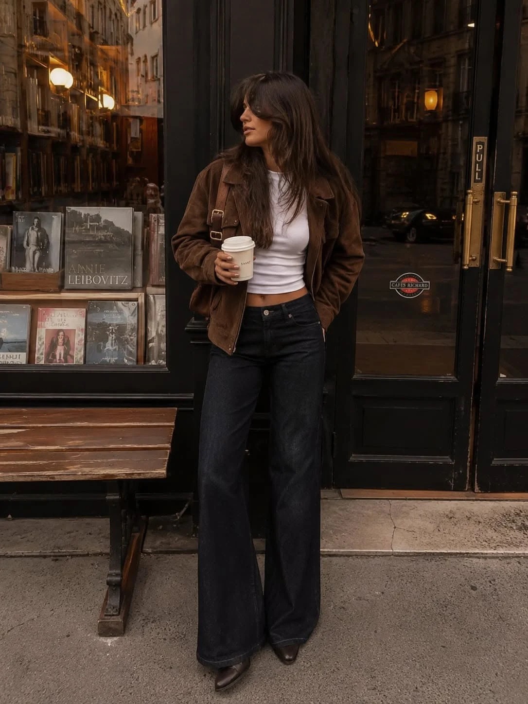 Suede Jacket With Flare Jeans fall outfit for women in their 20s