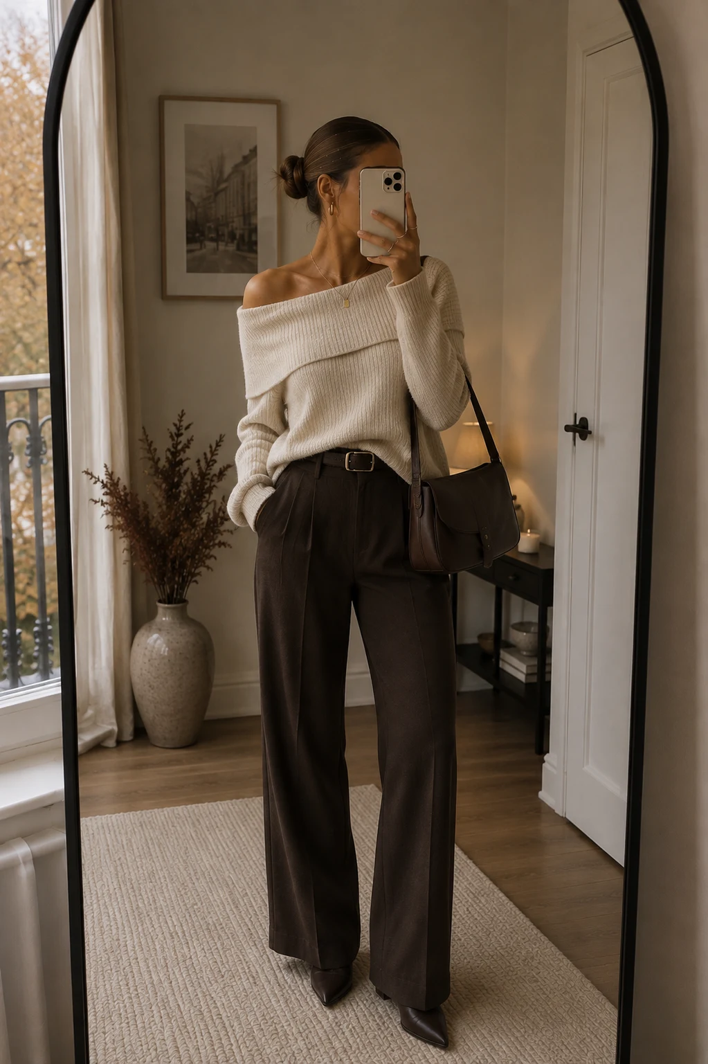 Cream Knit and Brown Leather Pants fall outfit for women in their 20s