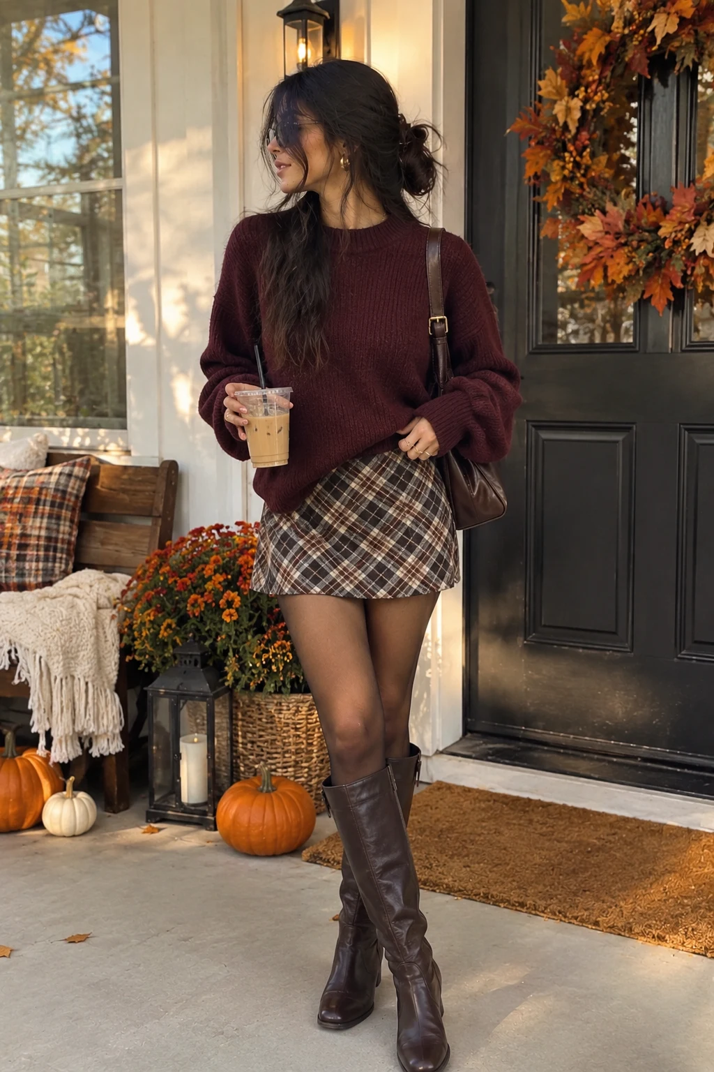 Plaid Skirt and Sweater, Preppy and Easy fall outfit for women in their 20s