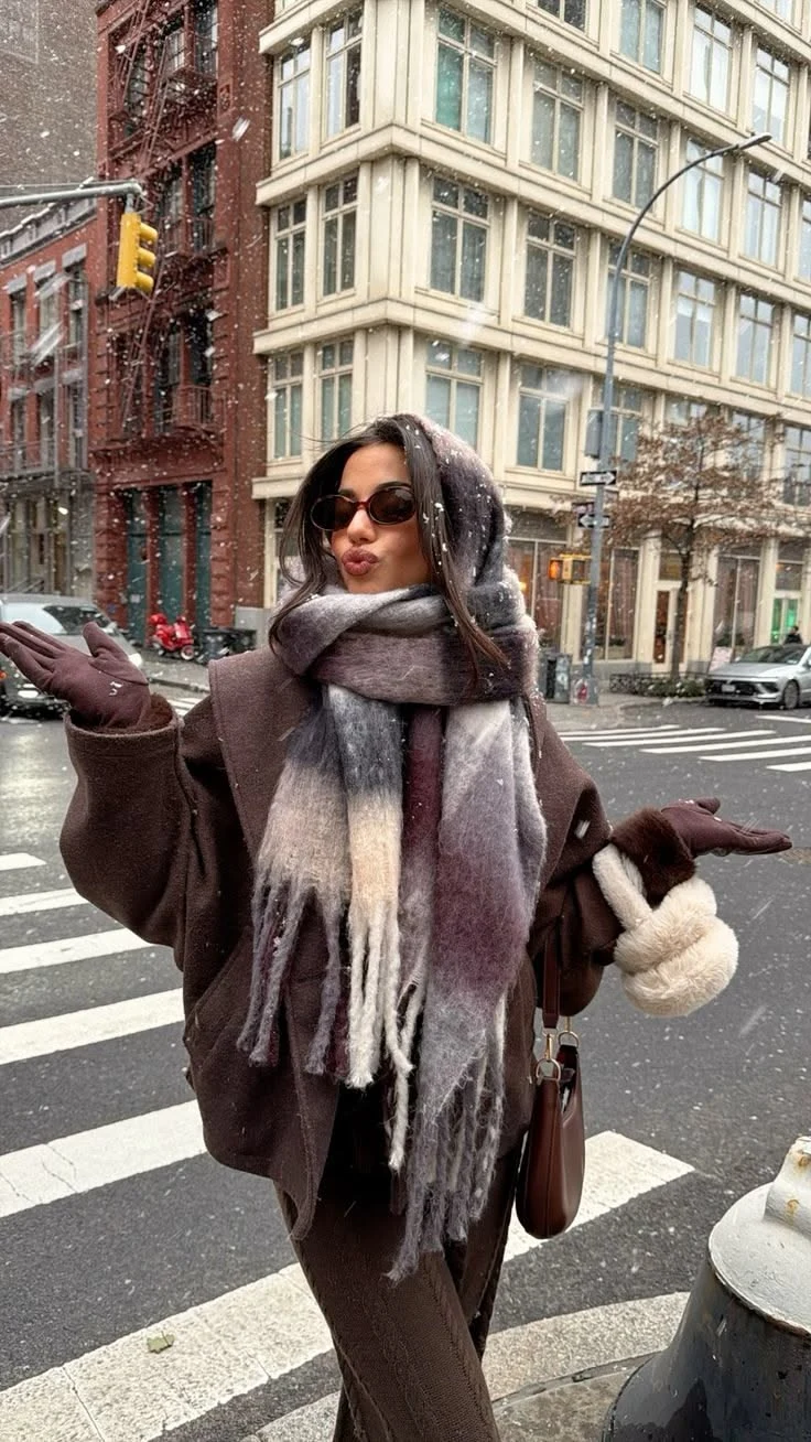 Statement Scarf With a Neutral Coat fall outfit for women in their 20s