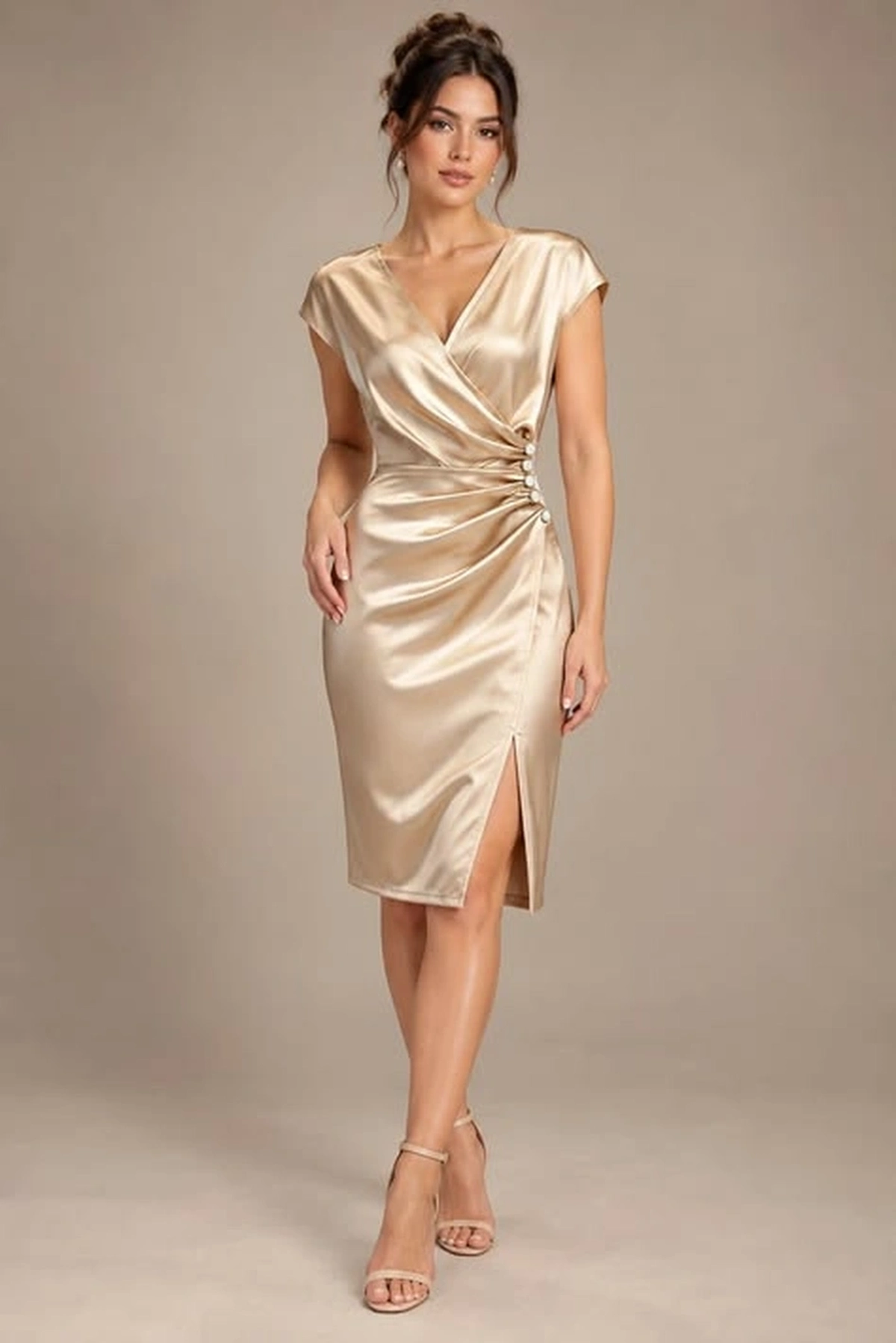 Champagne satin midi dress with draped bodice and side slit