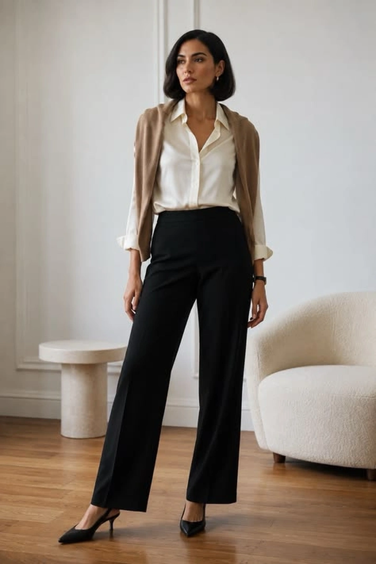 Cream silk blouse with black tailored trousers and camel sweater draped over shoulders