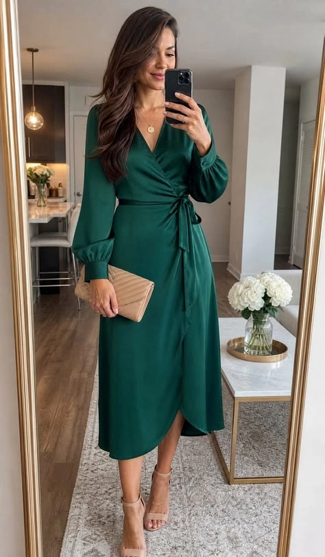 Emerald green wrap dress with long sleeves and gold clutch