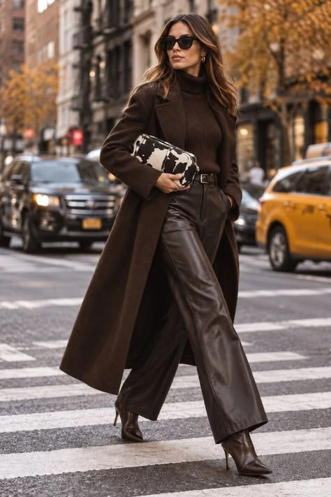 Chocolate brown long coat with brown leather trousers and animal print clutch