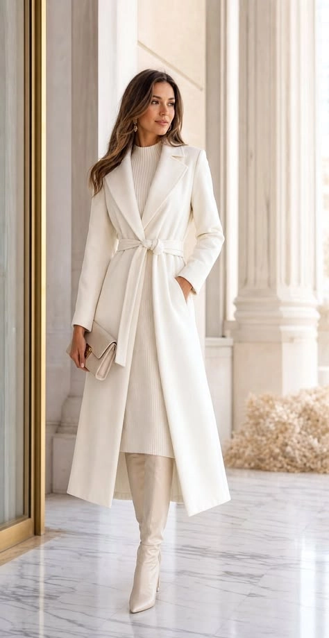 Cream long wool coat worn over a cream dress with cream boots