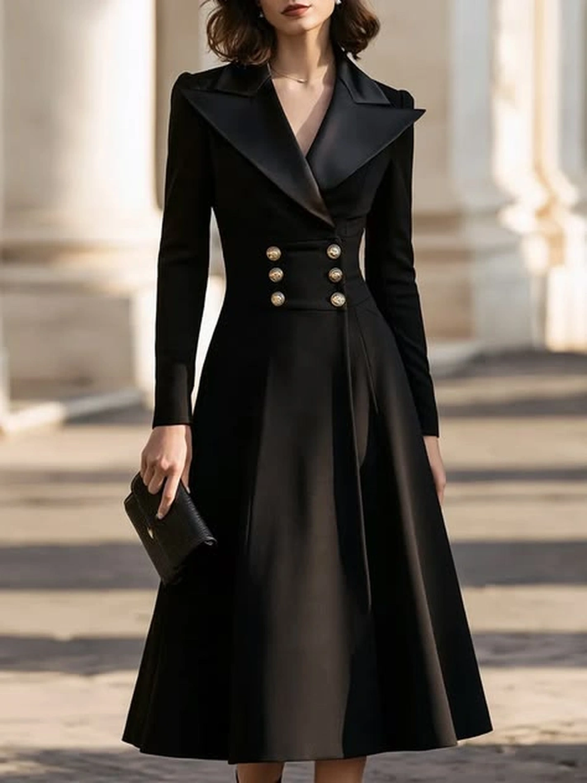 Black midi dress with satin lapels and gold buttons and clutch