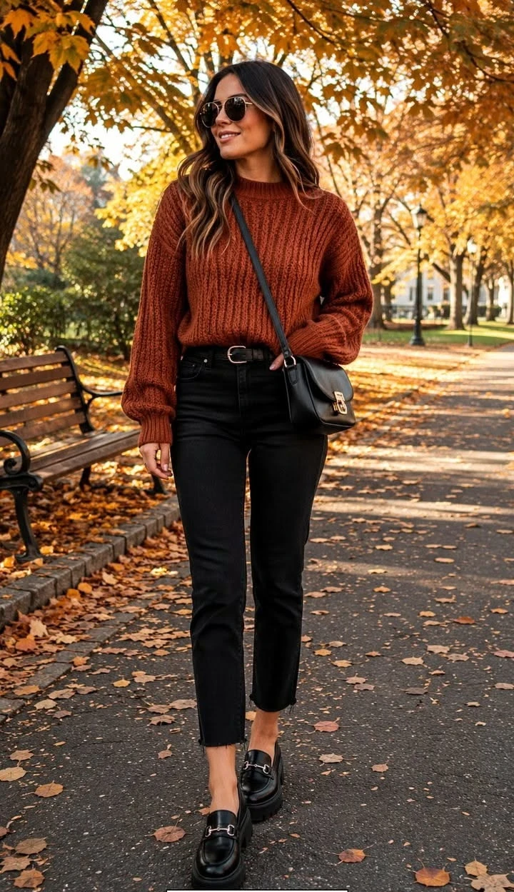 Rust oversized sweater with black skinny jeans and loafers on an autumn path