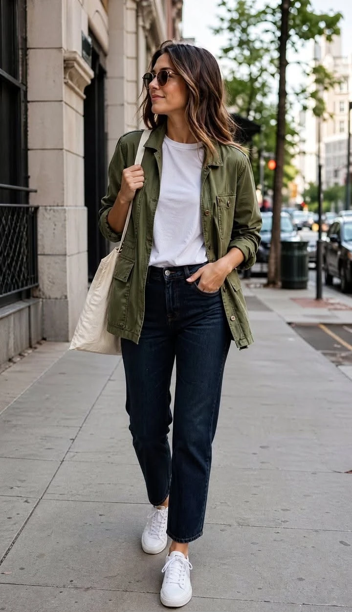 Olive utility jacket over a white tee with dark jeans and white sneakers on a city street