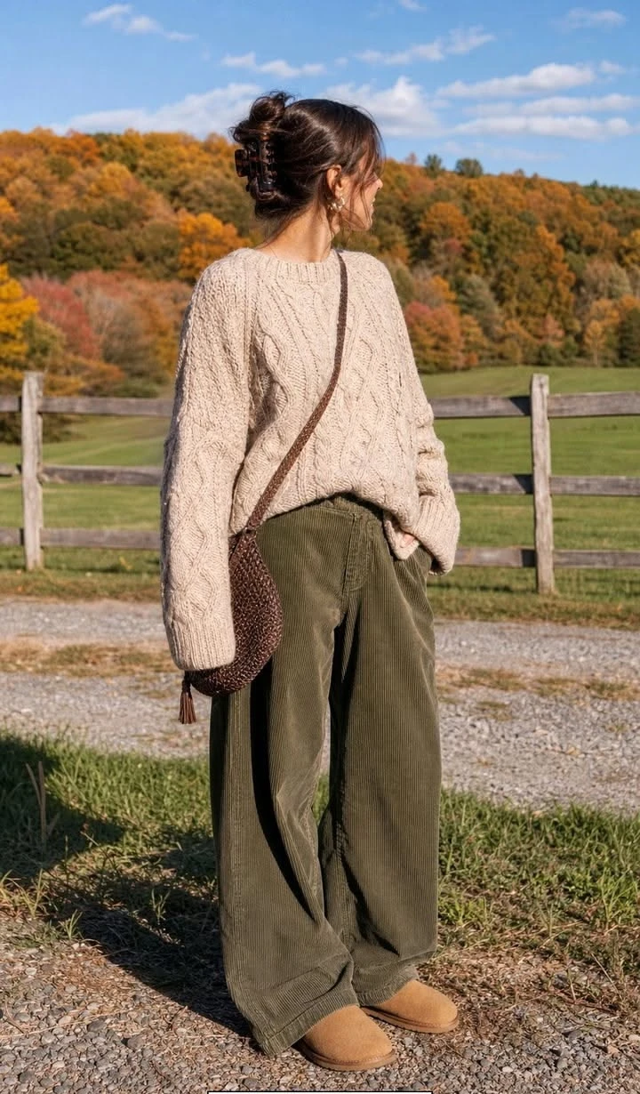 Cream cable knit sweater with olive corduroy wide pants outdoors in autumn