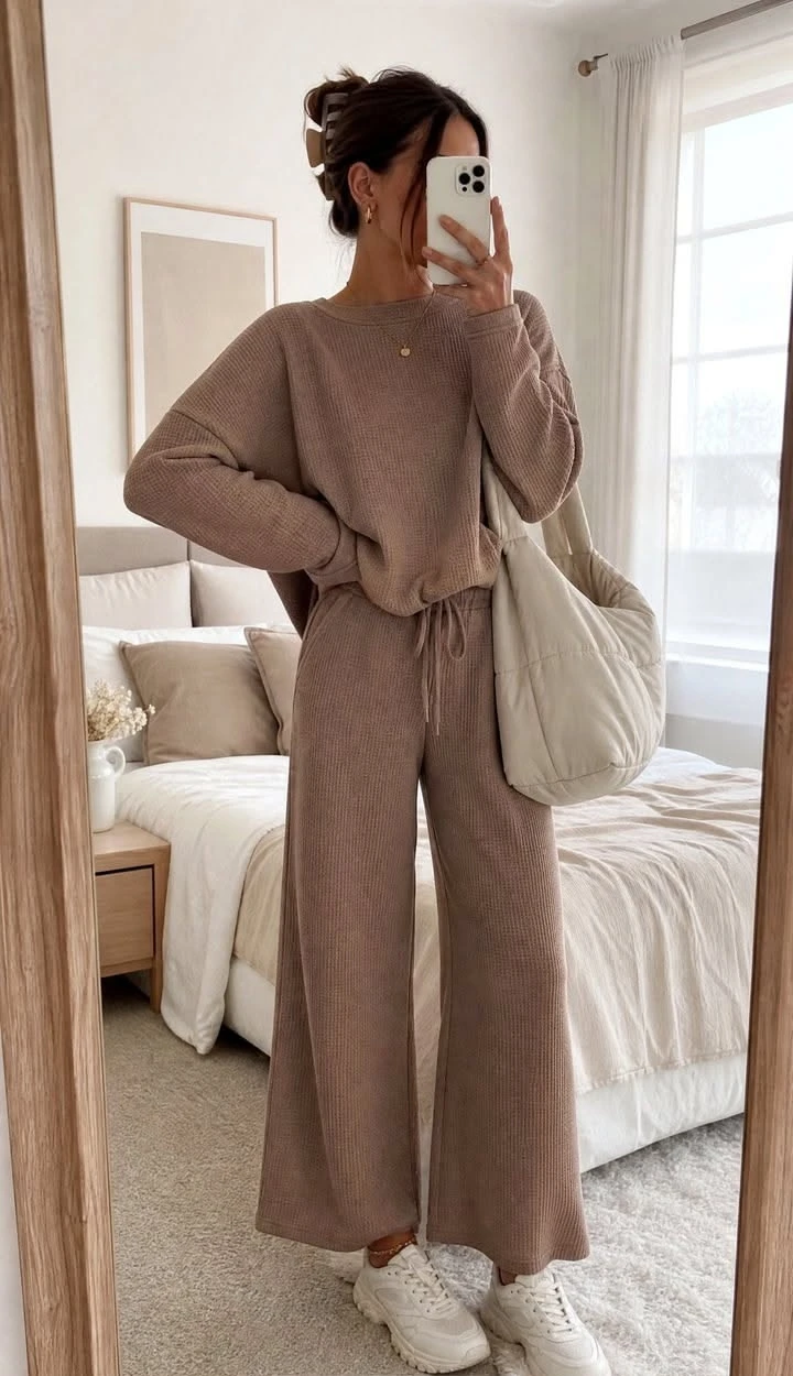 Taupe knit matching set with wide pants and white sneakers in a bedroom