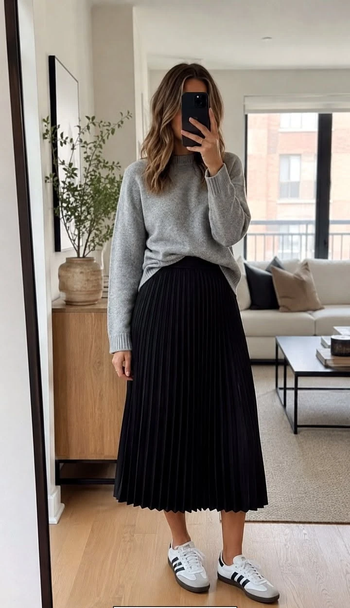 Grey sweater with a black pleated midi skirt and sneakers indoors