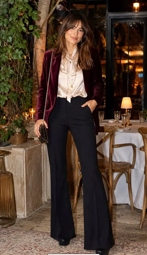 Burgundy velvet blazer with black flared trousers