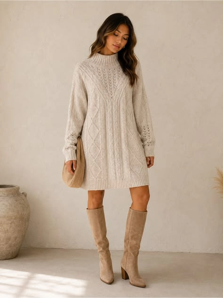 Ivory cable knit sweater dress with tall tan boots
