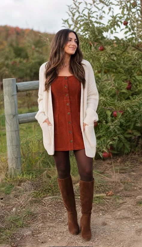 Rust corduroy dress with long cream cardigan and brown boots