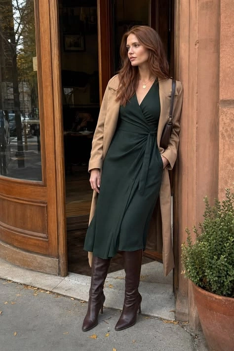 Deep green wrap dress with camel coat and tall brown boots