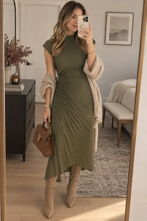Olive pleated midi dress with tall beige boots