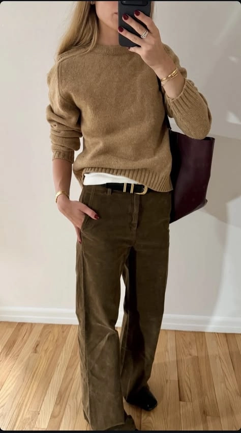 Camel knit sweater with olive corduroy wide leg trousers