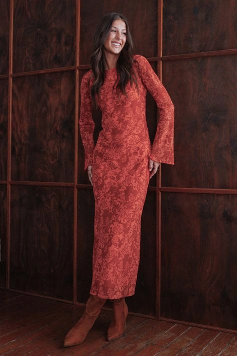 Rust floral long sleeve maxi dress with tan boots