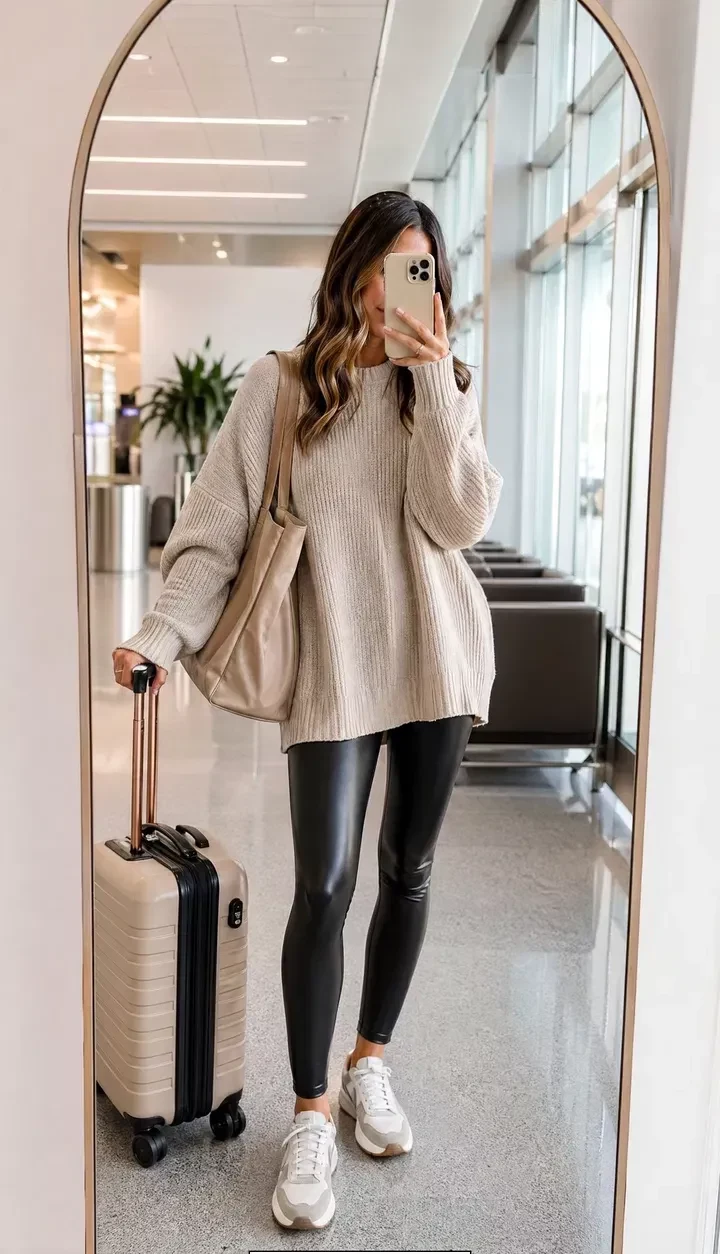 Cream chunky knit sweater with black leggings and white sneakers at the airport