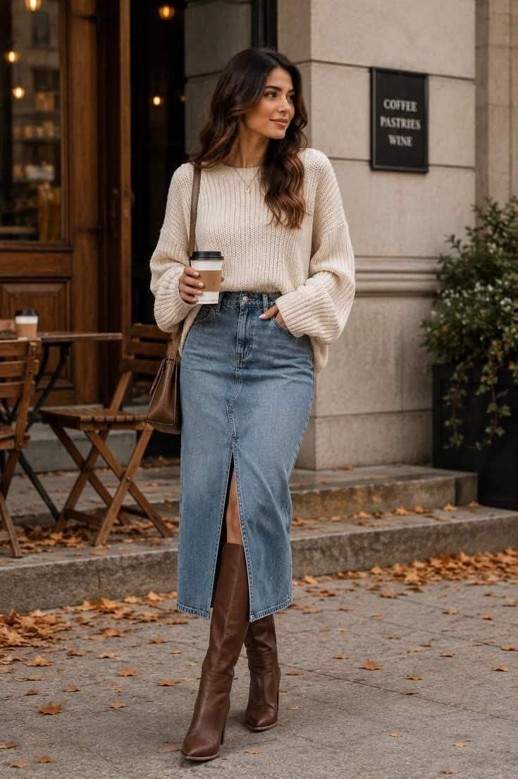 Cream knit sweater with denim midi skirt and ankle boots